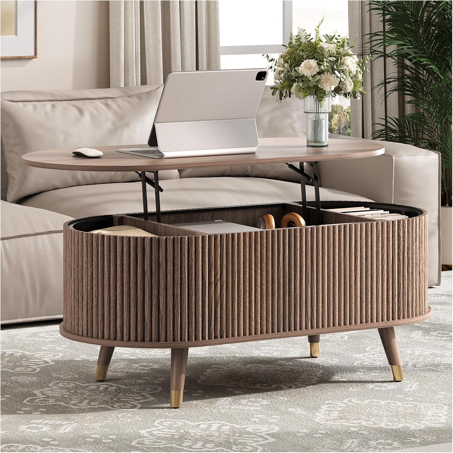 Oval Coffee Table with Storage, 42.5' Fluted Coffee Table with Lifting Top & Solid Wood Legs, Modern Lift Up Center Table for Living Room, Home Office, Walnut
