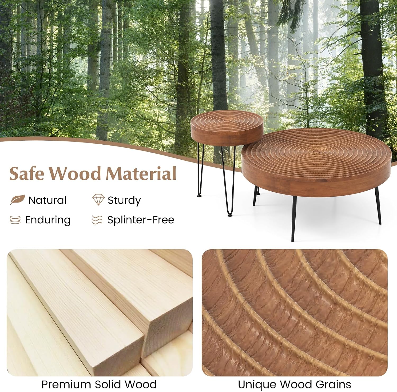 Giantex Boho Round Coffee Table Set of 2, Sofa Side Nesting Table with Solid Pine Wood Top, Metal Legs & Adjustable Foot Pads, 31.5' D Large Table Set for Living Room (Ring Pattern, Brown)