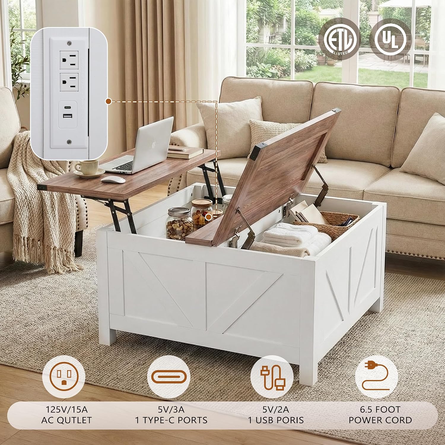 35' Farmhouse Coffee Table with Large Storage, Rustic Wood Lift Top Coffee Table for Living Room, Square Center Table with Charging Station&USB, Modern Port Pottery Barn Lift top Table