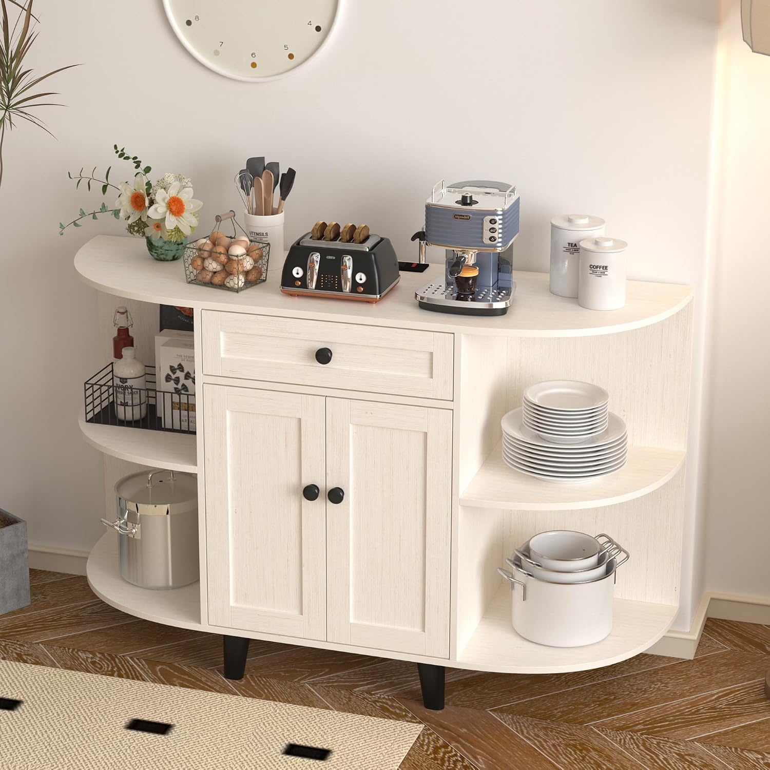 52' Sideboard Buffet Cabinet with Power Outlet,Coffee Bar Cabinet with Storage, 3 AC Outlets & 2 USB Ports,Kitchen Storage Cabinet with Drawer and Doors for Dining Room,(White)