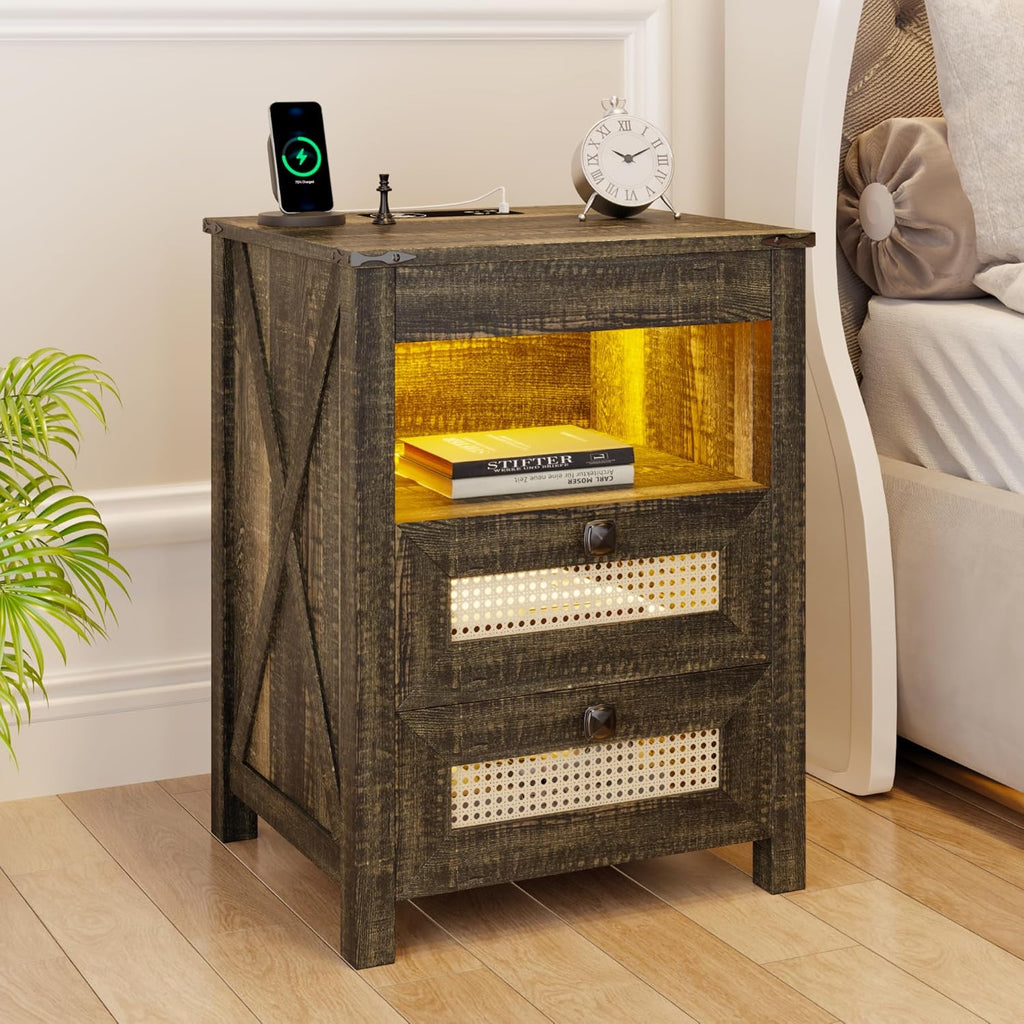 Night Stand Set 2 with Gun Drawer, Bedside Table with Charging Station, LED Nightstand with Human Sensor Light, Farmhouse End Table for Bedroom Living Room, Rustic