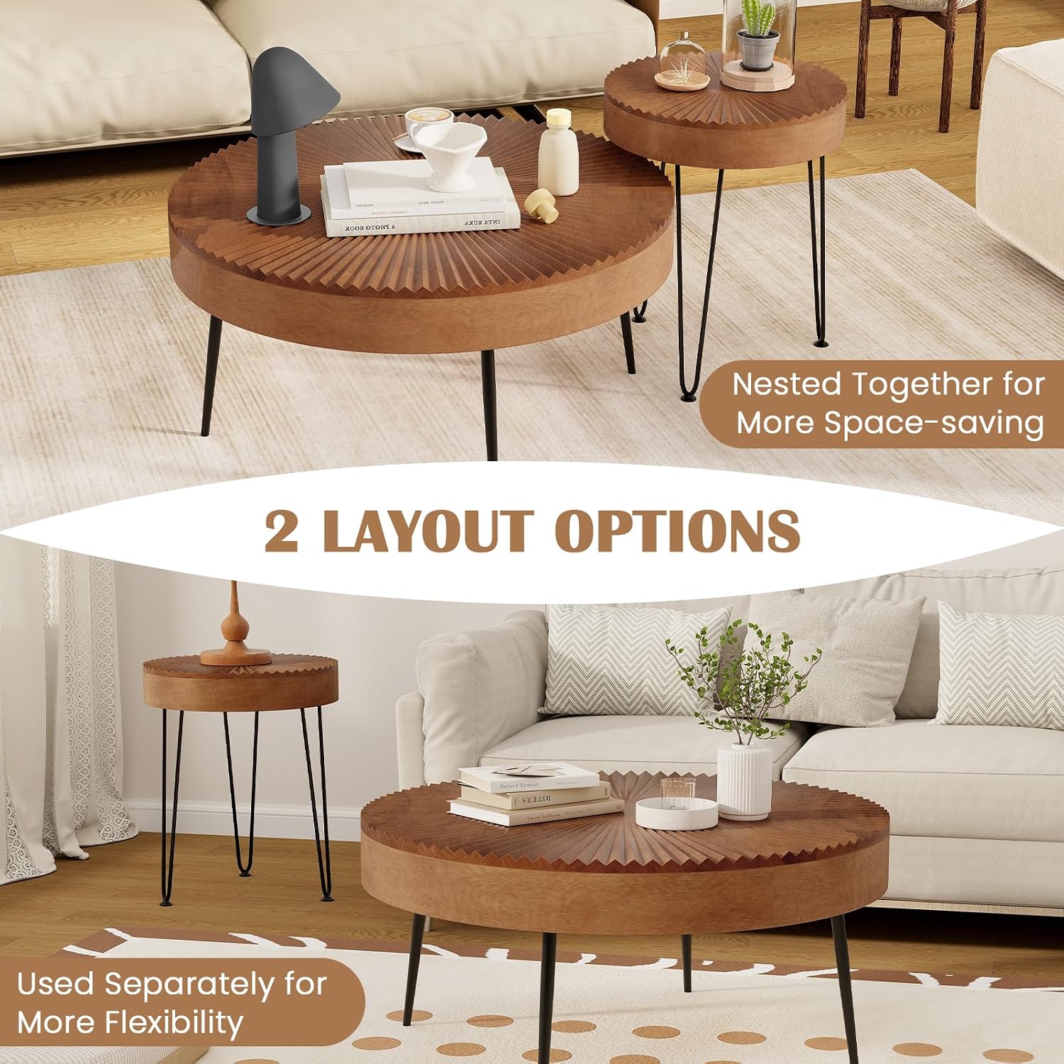 COSTWAY Farmhouse Round Coffee Table Set of 2, Rustic Sofa Side Tea Tables w/Wood Finish, Metal Frame, Adjustable Foot Pads, Nesting End Table Set for Living Room, Bedroom (Radial Pattern, Brown)