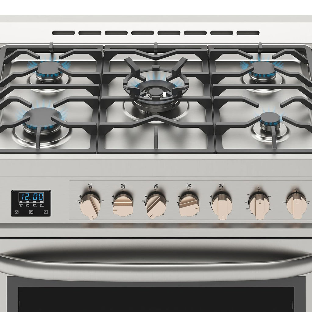 KoolMore 36' Inch Professional Gas Range Stove with 5 Burner Cooktop, Rapid Convection Oven, and Digital Timer with Heavy-Duty Cast Iron Grates, Stainless-Steel Appliance (KM-FR36GL-SS), Silver