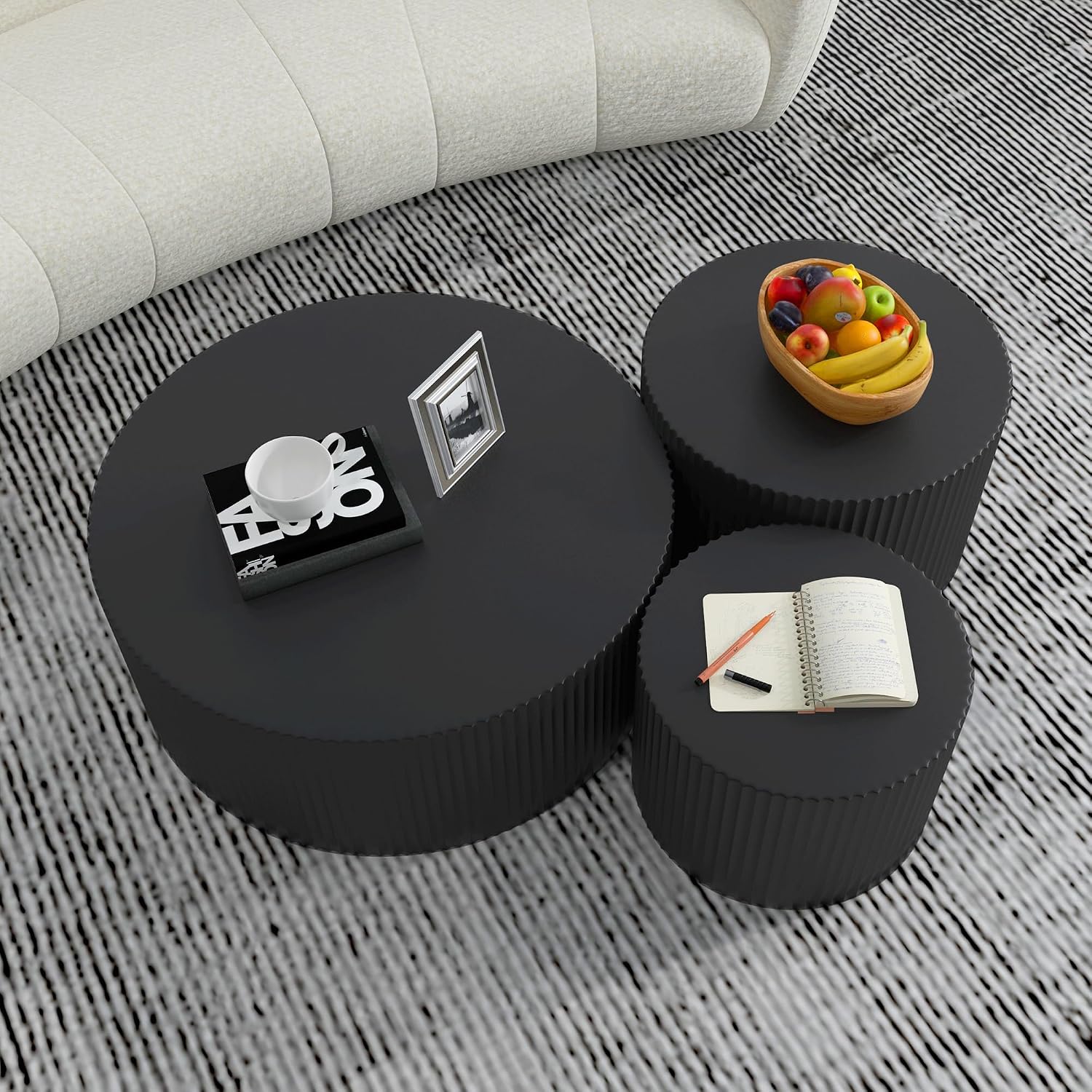 WILLIAMSPACE Black Round Coffee Table Set of 3, Modern Circle Wood Coffee Table Set, 3 Peice Nesting Coffee Accent Side Table End Table for Home Office, No Assembly (3 PCS, Black)