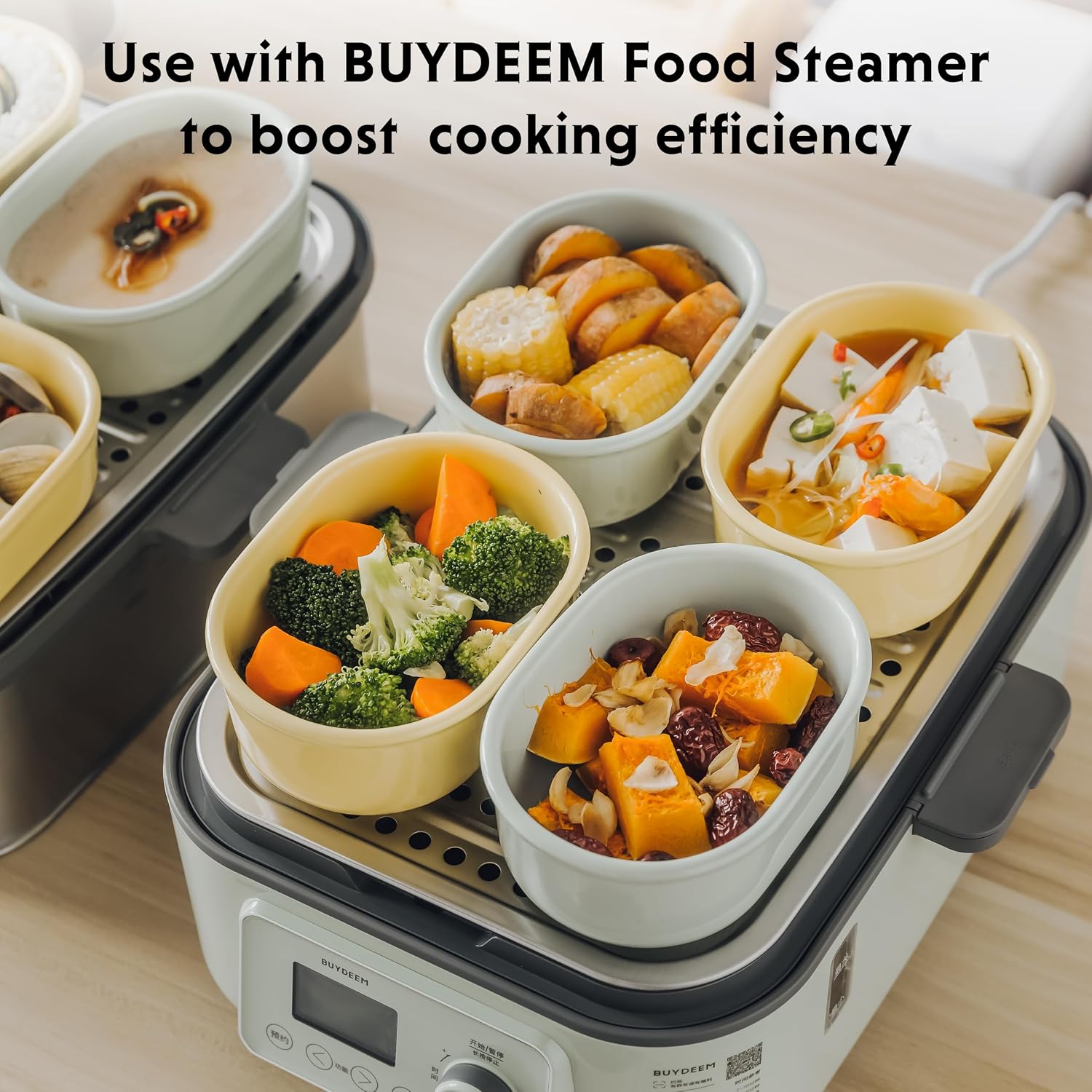 BUYDEEM G52 10.6 Quart Electric Food Steamer Bundle with Two Ceramic Food Storage Container Cozy Greenish 17 oz