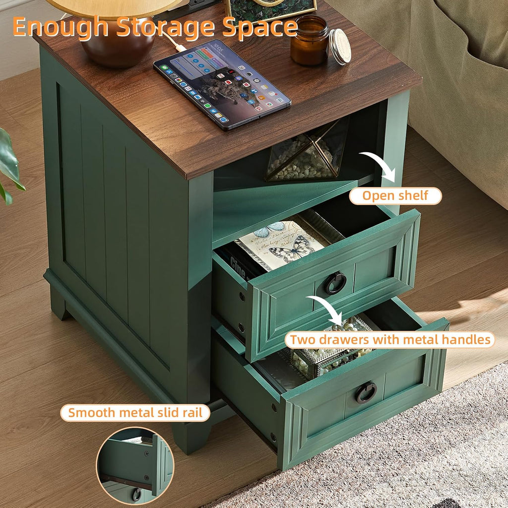 Joaxswe 18' Farmhouse Night Stands Set of 2 with Charging Station, 2 Drawers Bedside End Table, Green Wooden Nightstand, Bed Side Table Cabinet with Open Shelf for Bedroom Living Room Office