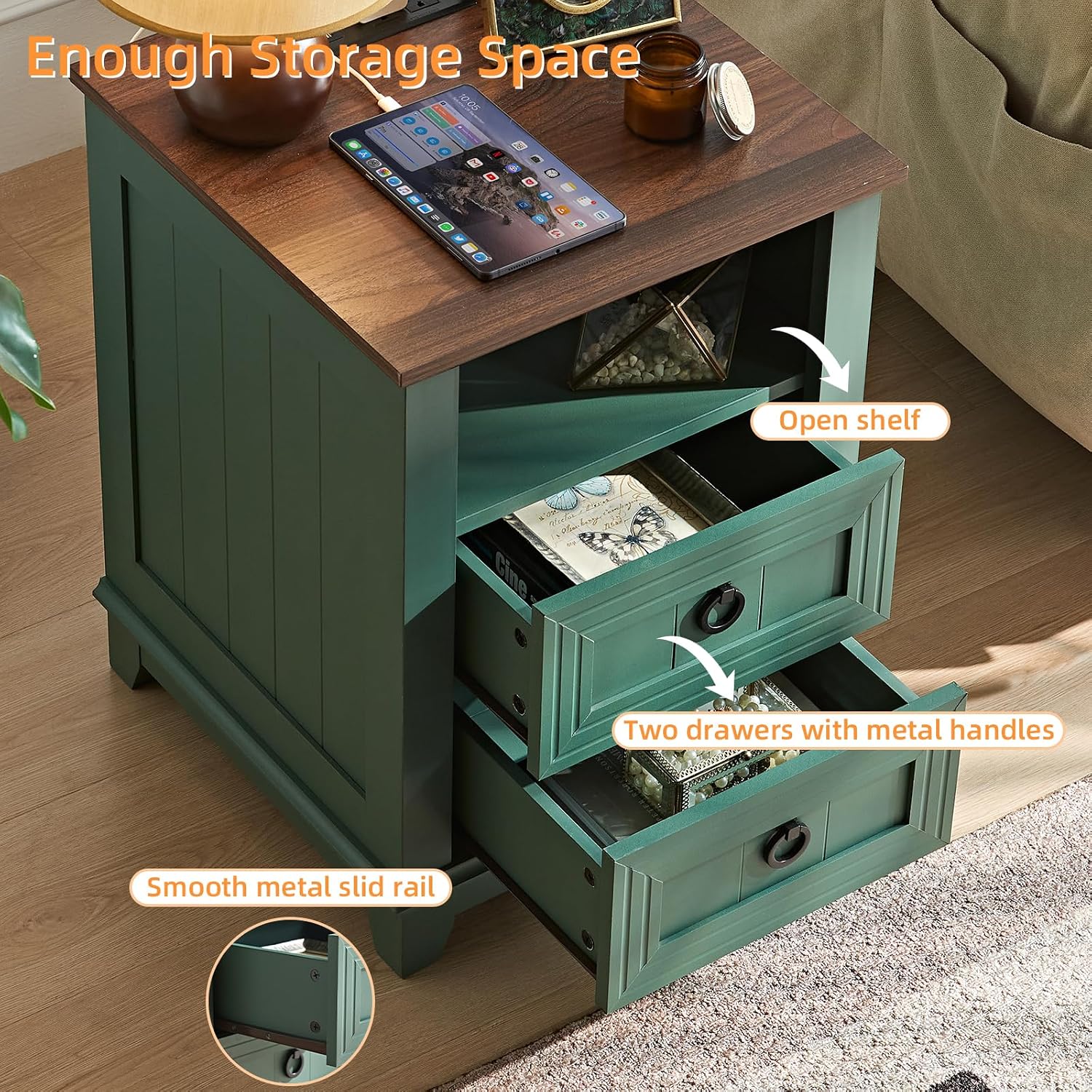 Joaxswe 18' Farmhouse Night Stands Set of 2 with Charging Station, 2 Drawers Bedside End Table, Green Wooden Nightstand, Bed Side Table Cabinet with Open Shelf for Bedroom Living Room Office