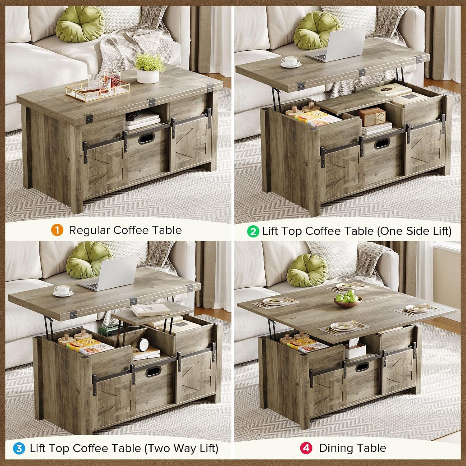 Memobarco 40' Farmhouse Lift Top Coffee Table with Sliding Barn Door,4 in 1 Multi-Function Coffee Tables with Storage Drawers & Hidden Compartment,Converts to Dining Table for Living Room,Grey