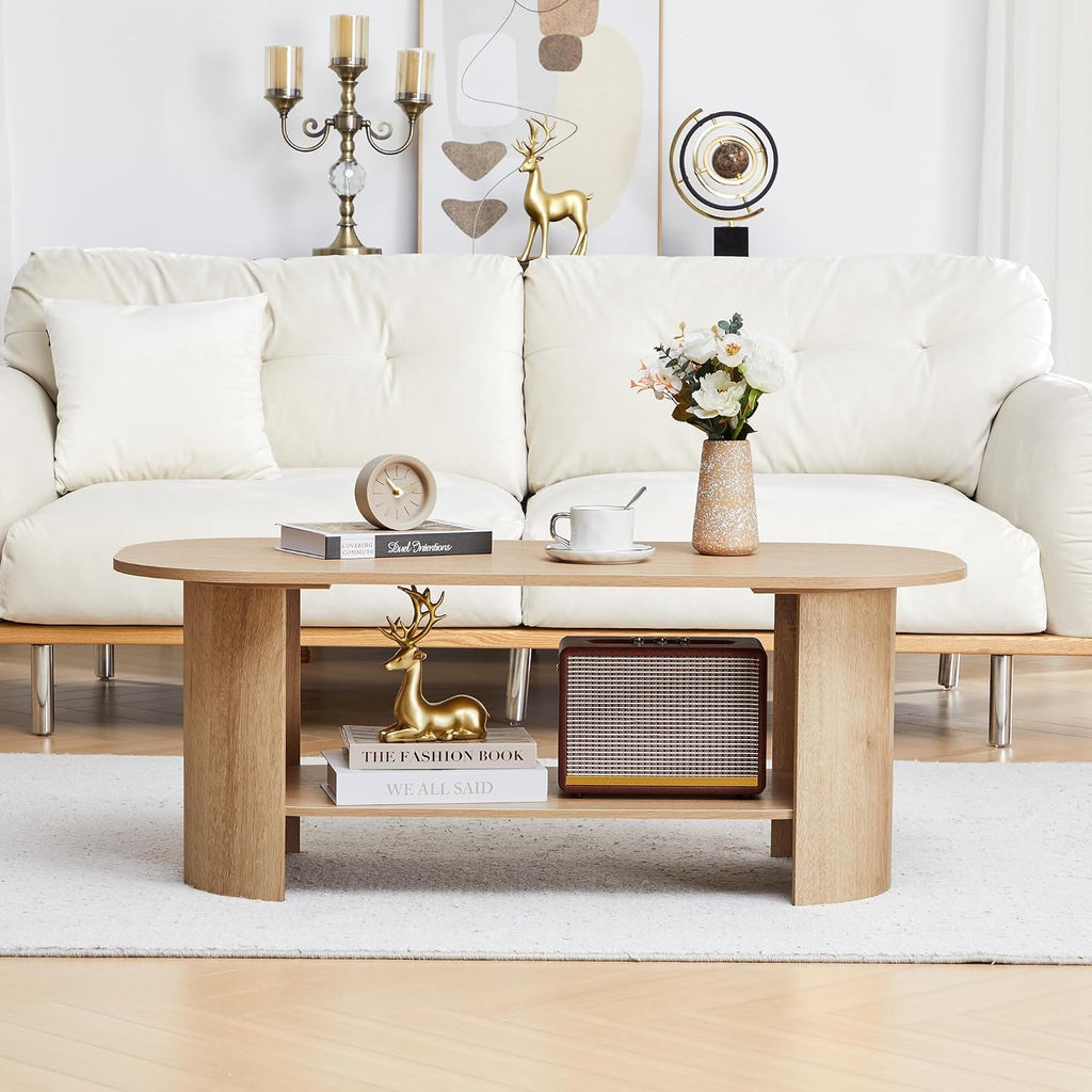 Oval Coffee Table for Living Room, 43.3' Farmhouse Coffee Tables with Storage, 2-Tier Wood Center Table with Storage Shelf Low Tea Table for Small Space, Home, Office, Easy Assembly (Natural)