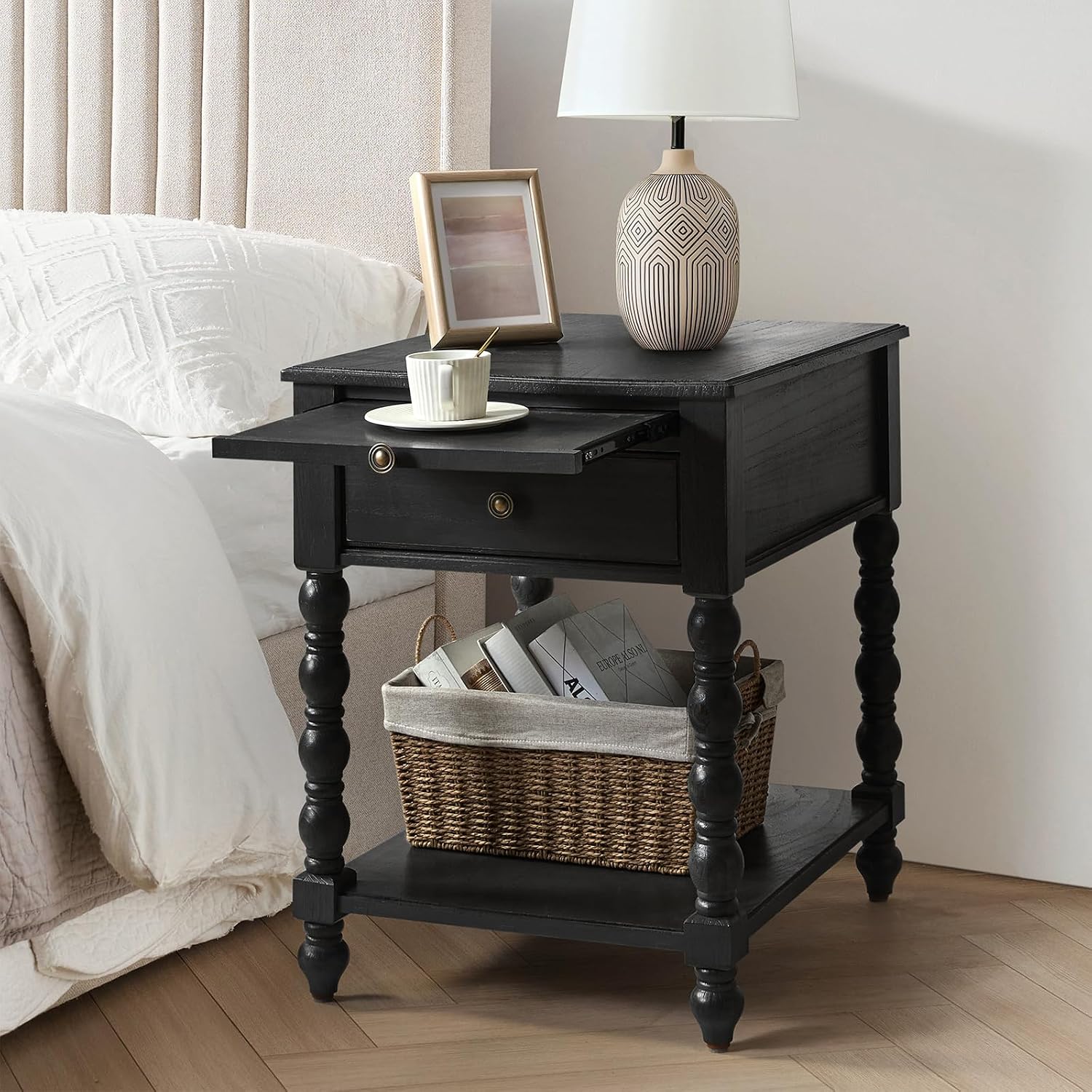 HULALA HOME Spindle Nightstands with Charging Station, Solid Wood Nightstand with Drawer Shelf, Side Table with Pull-Out Shelf (1, Charcoal)