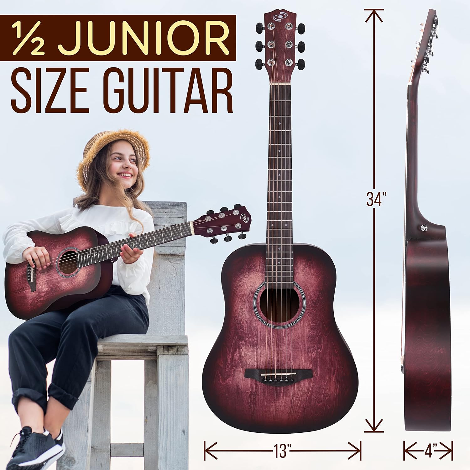 Pyle Acoustic Guitar Kit, 1/2 Junior Size All Wood Steel String Instrument for Beginner Kids, Adults, 34' Crimson Burst Matte