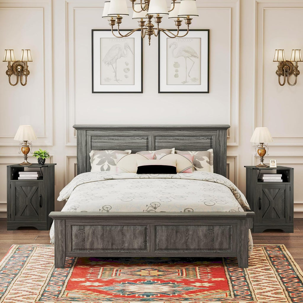 RoyalCraft Farmhouse Nightstand Set of 2, End Table with Charging Station, Tall Bedside Table with Large Storage and Shelf, Wooden Side Table with for Bedroom, Home Office, Dark Grey