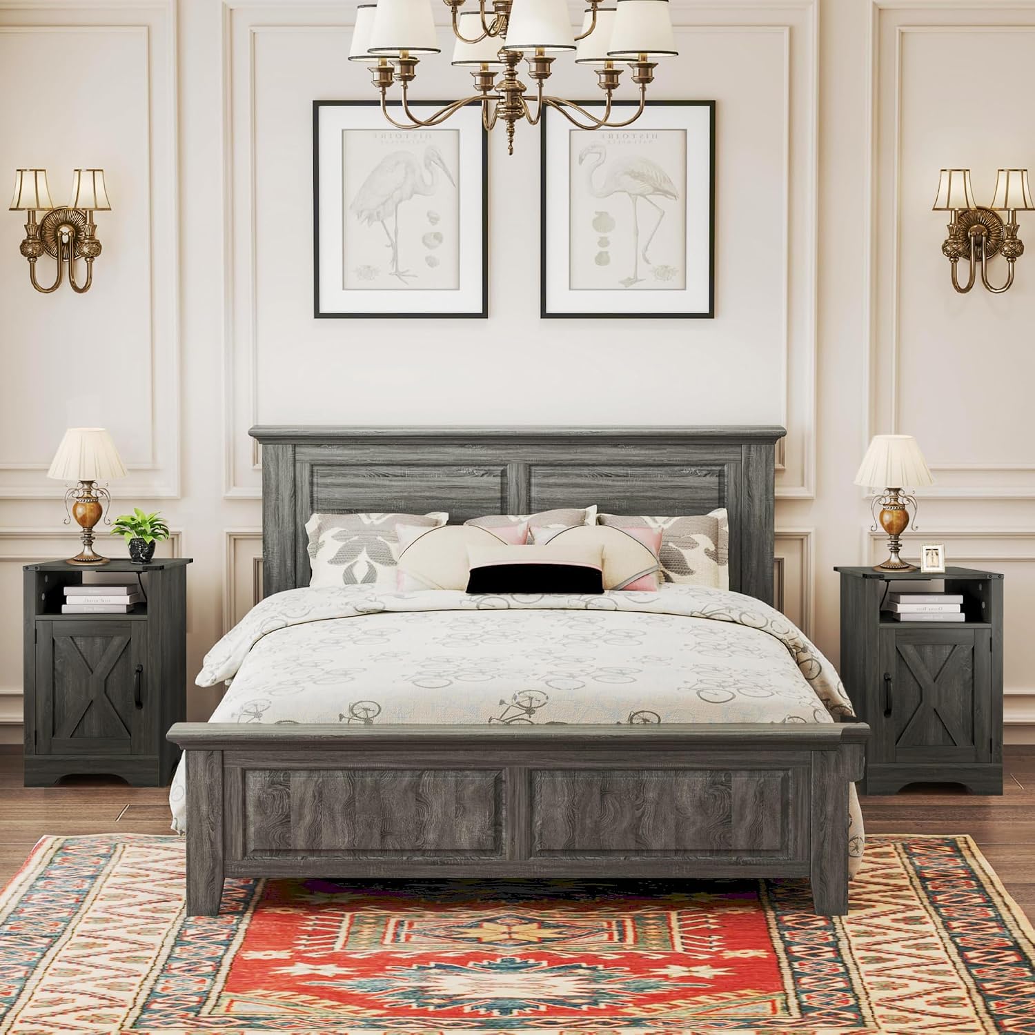 RoyalCraft Farmhouse Nightstand Set of 2, End Table with Charging Station, Tall Bedside Table with Large Storage and Shelf, Wooden Side Table with for Bedroom, Home Office, Dark Grey