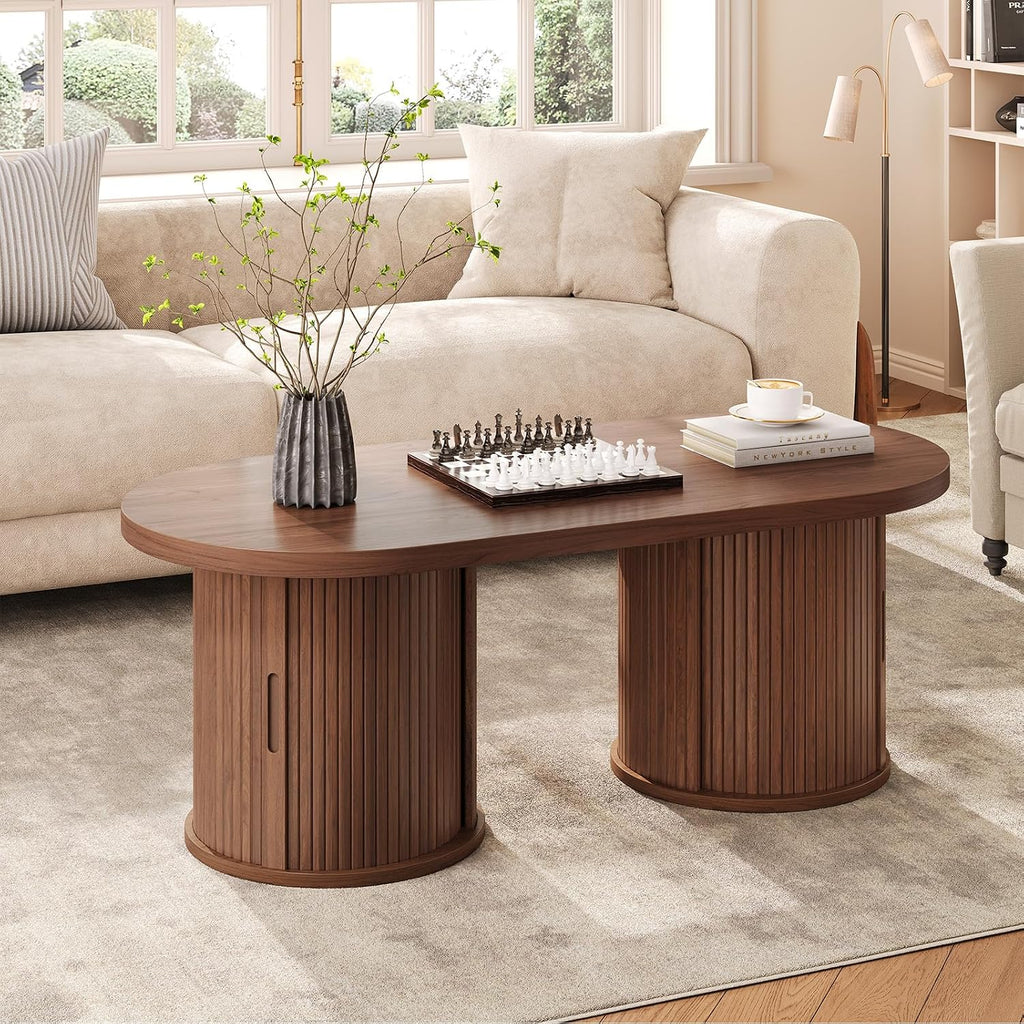ONBRILL 47' Fluted Coffee Table, Oval Coffee Table with 2 Storage Legs, Mid-Century Modern Center Tables with Sliding Doors, Coffee Tables for Living Room, Walnut