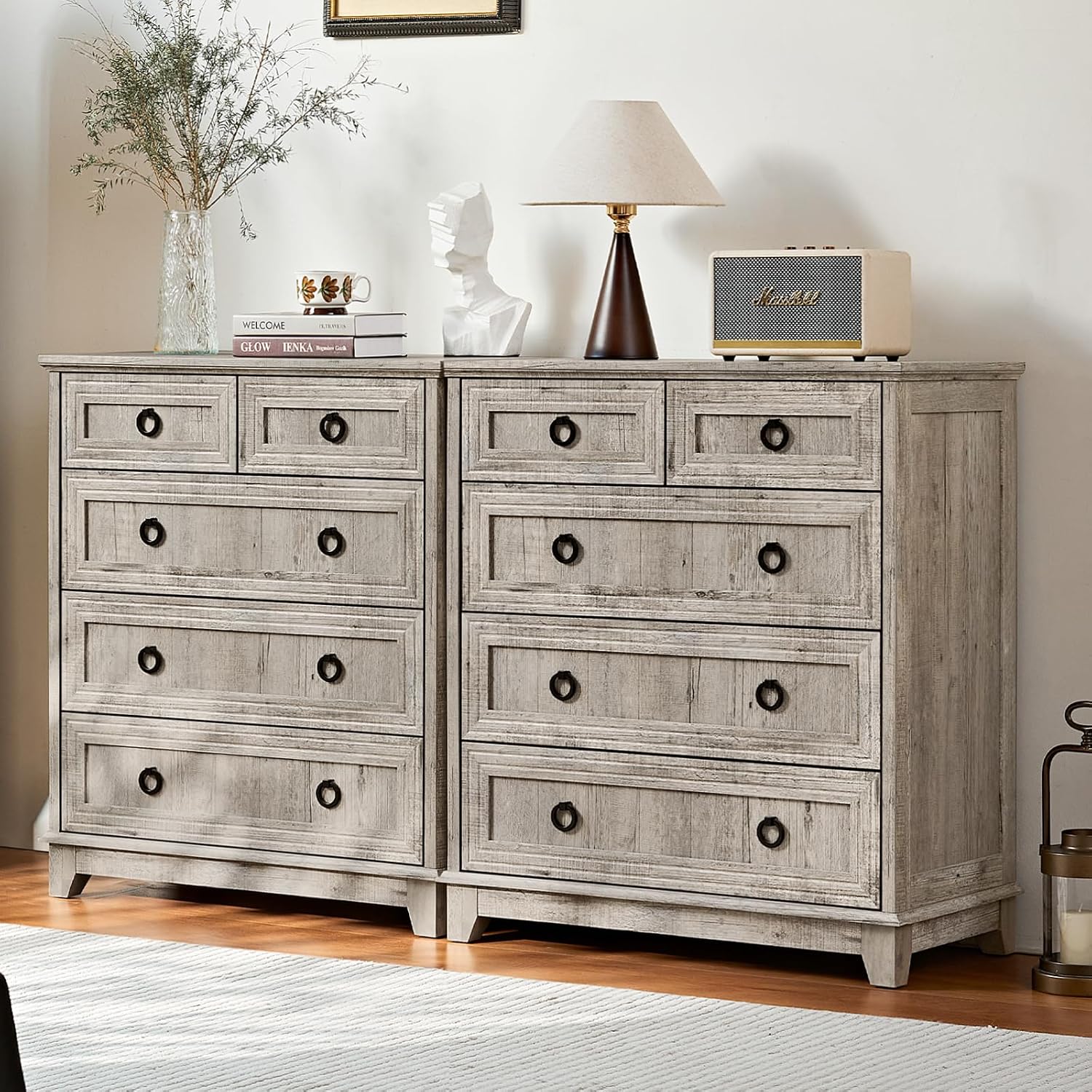 Joaxswe Farmhouse 5 Drawer Dresser for Bedroom, 33.2' Tall Small Dressers & Chest of Drawers, Rustic Wood Dresser with Metal Handle, Storage Organizer Closet for Living Room, Hallway,Entryway