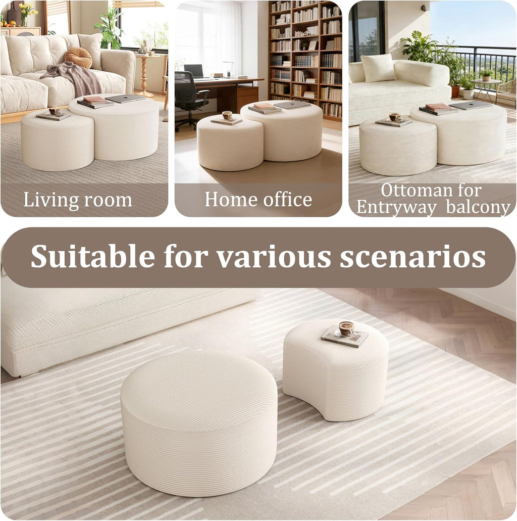 BSHOMGI Round Coffee Table Set of 2, Movable Ottoman for Corduroy Cloud Sectional Couches Circle Foam Round Side Table for Living Room, Entryway Set, 32'+17' Footrest No Assembly (Beige, 32'+17')