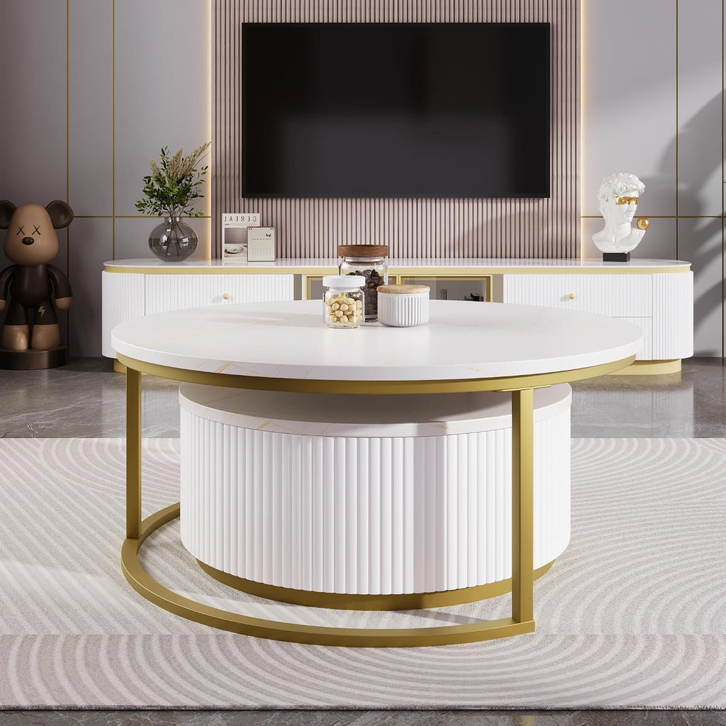 Merax Round Nesting Coffee Table Set of 2 with Storage Drawer and Marbling Tabletop, Perfect for Living Room Apartment, White