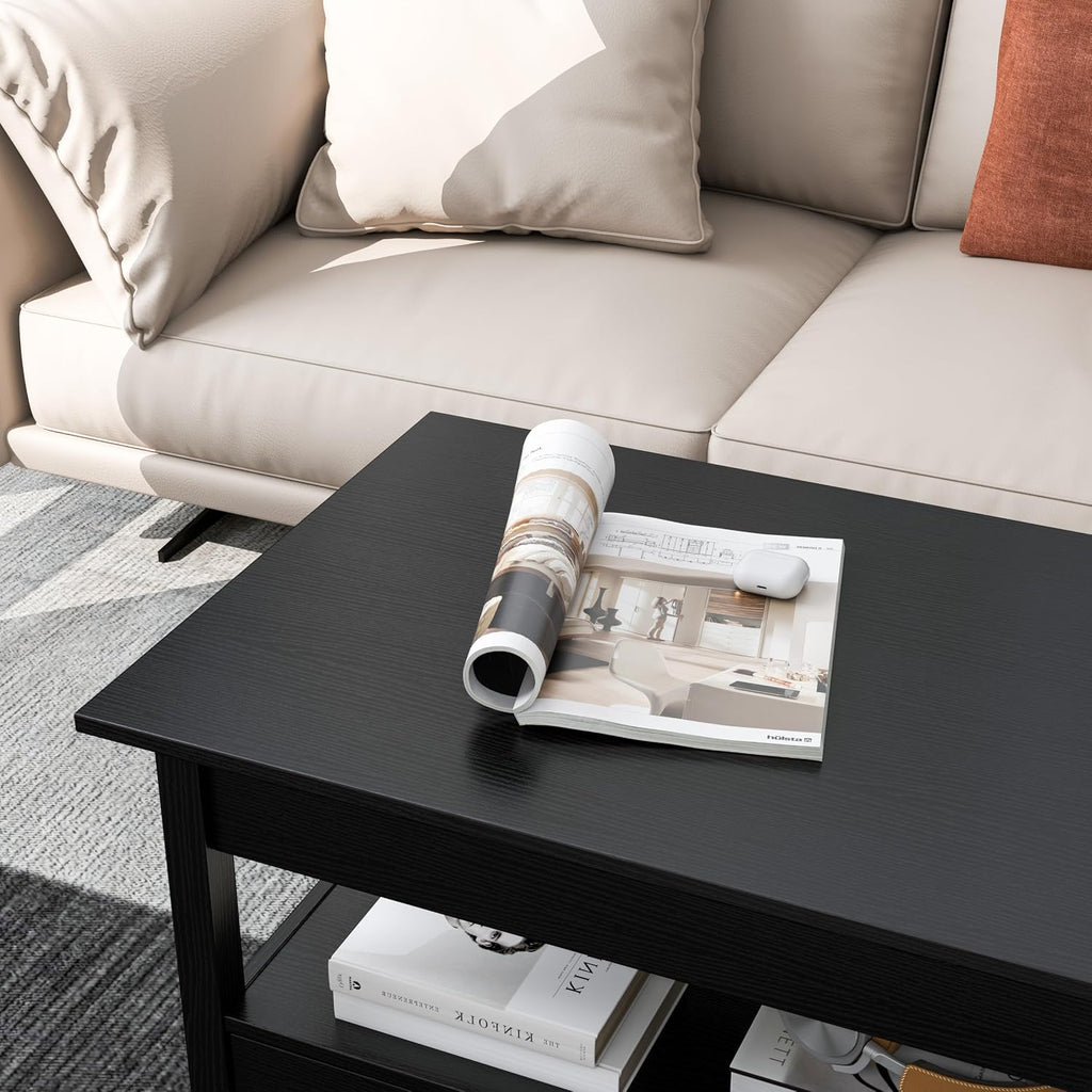 Panana Coffee Table, Lift Top Coffee Table with Hidden Compartment, 2 Drawers and 1 Open Shelf, Retro Central Wooden Table Lift Tabletop for Living Room (Black)