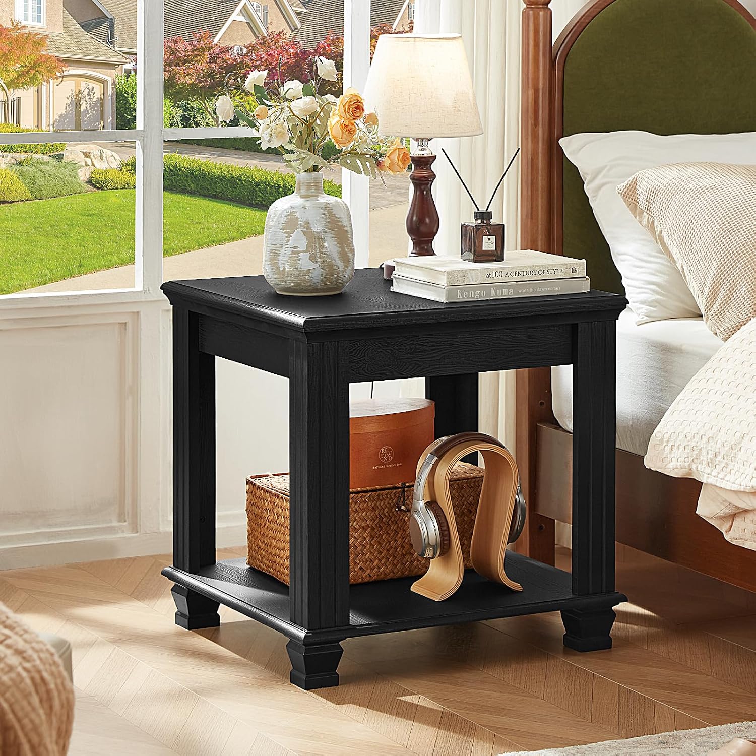 SAVOR LIFE Farmhouse End Table Set of 2,Large Side Table with 2-Tier Storage Shelf,Rustic Wood End Tables for Living Room,Square Tea Table, Black