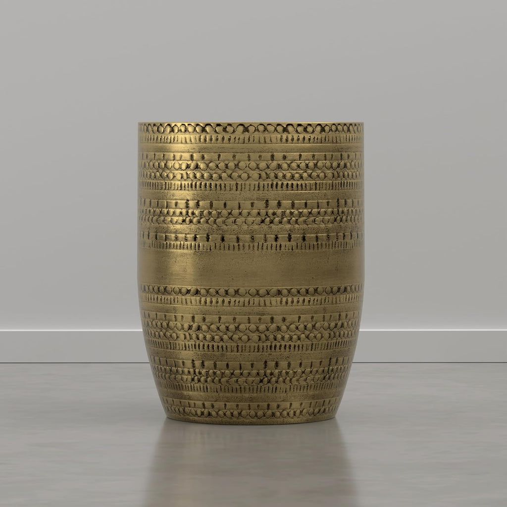 SIMPLIHOME Johnsen Tribal Accent Table – 15 inch Wide Round Metal Drum Table in Burnished Gold, Boho Modern Side Table for Living Room with Embossed Tribal Pattern, Assembled