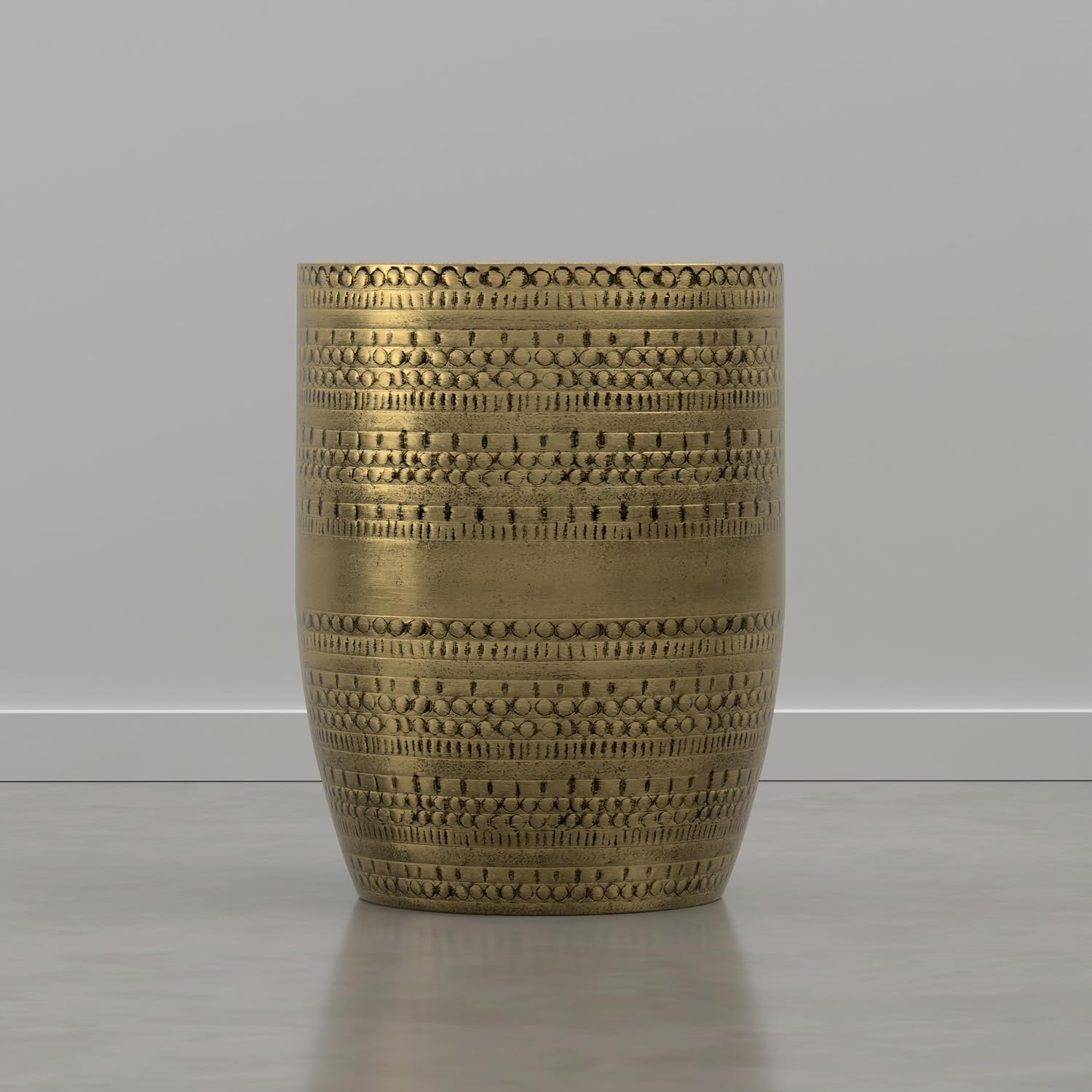 SIMPLIHOME Johnsen Tribal Accent Table – 15 inch Wide Round Metal Drum Table in Burnished Gold, Boho Modern Side Table for Living Room with Embossed Tribal Pattern, Assembled