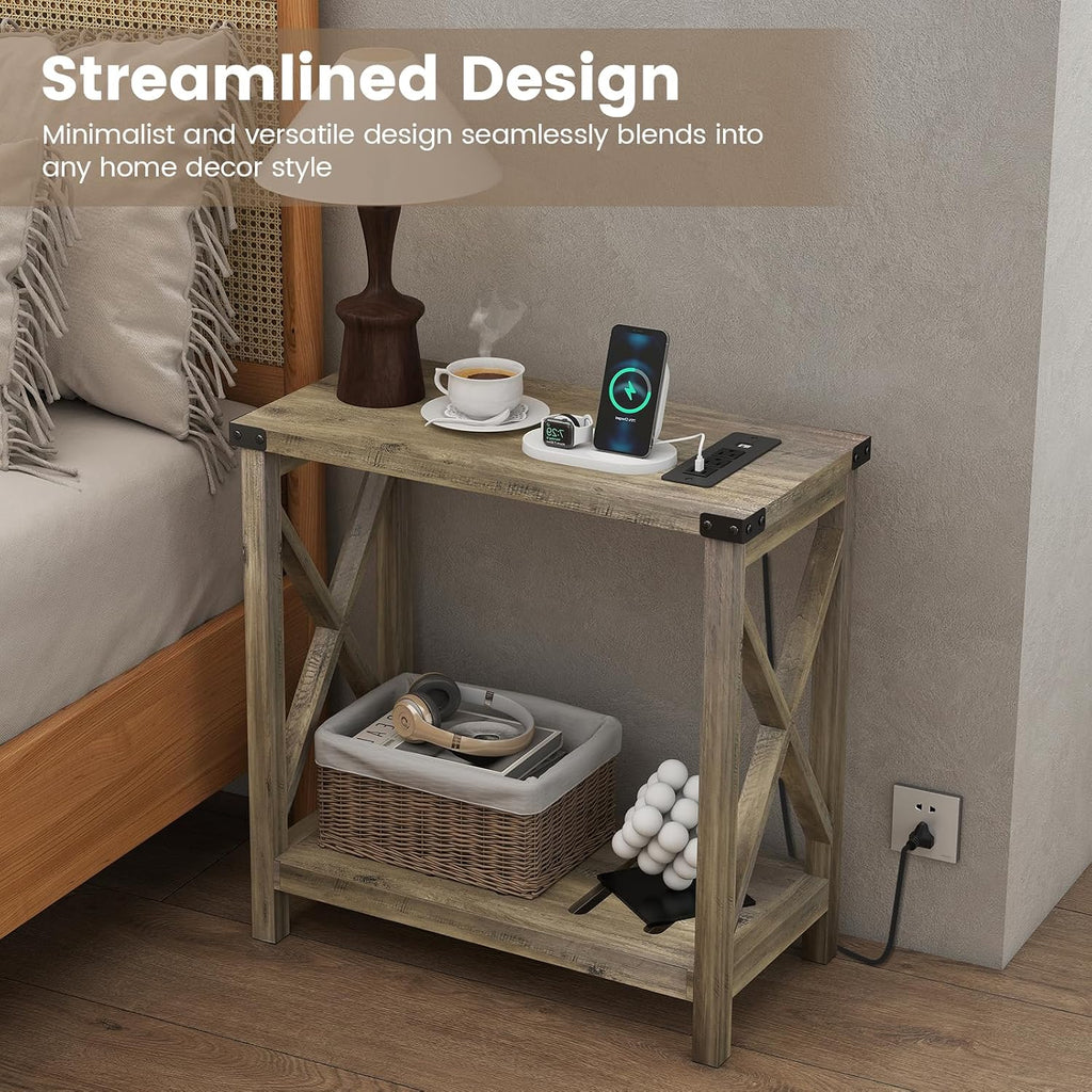 Hadulcet Farmhouse End Tables Living Room Set of 2 - Narrow Side Table with Charging Station, Slim Nightstand for Small Space, Skinny Bedside Table, Sofa Side Table with Storage Shelf, Elegant Gray