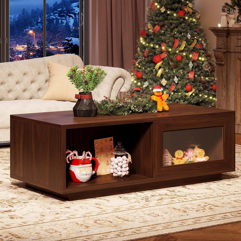 HSH Walnut Coffee Table for Living Room, 47 Inch Modern Wood Rectangle Coffee Tables with Sliding Door and Storage Open Shelf, Large Low Center Table for Home Decor