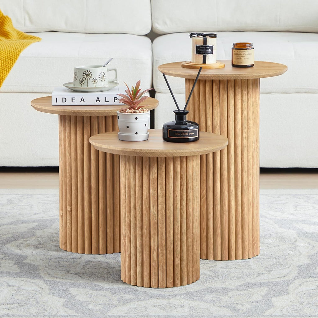Bifins Round Nesting Coffee Table Set of 3,Mid Century Modern Fluted Coffee and End Table Set,Small Circle Wooden Side Table Drink Table for Living Room (Natural)