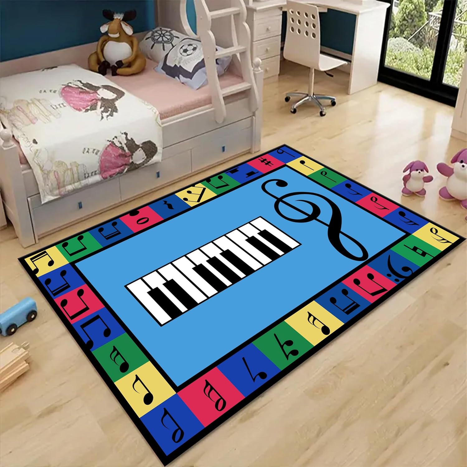 Children's Music Area Rugs,6x8ft,Black and White Piano Keys Musical Instrument Rug,Colorful Musical Notes Music Classroom Learning Carpet,Suitable Girls and Boys Bedrooms,Game Room Decorative Rugs