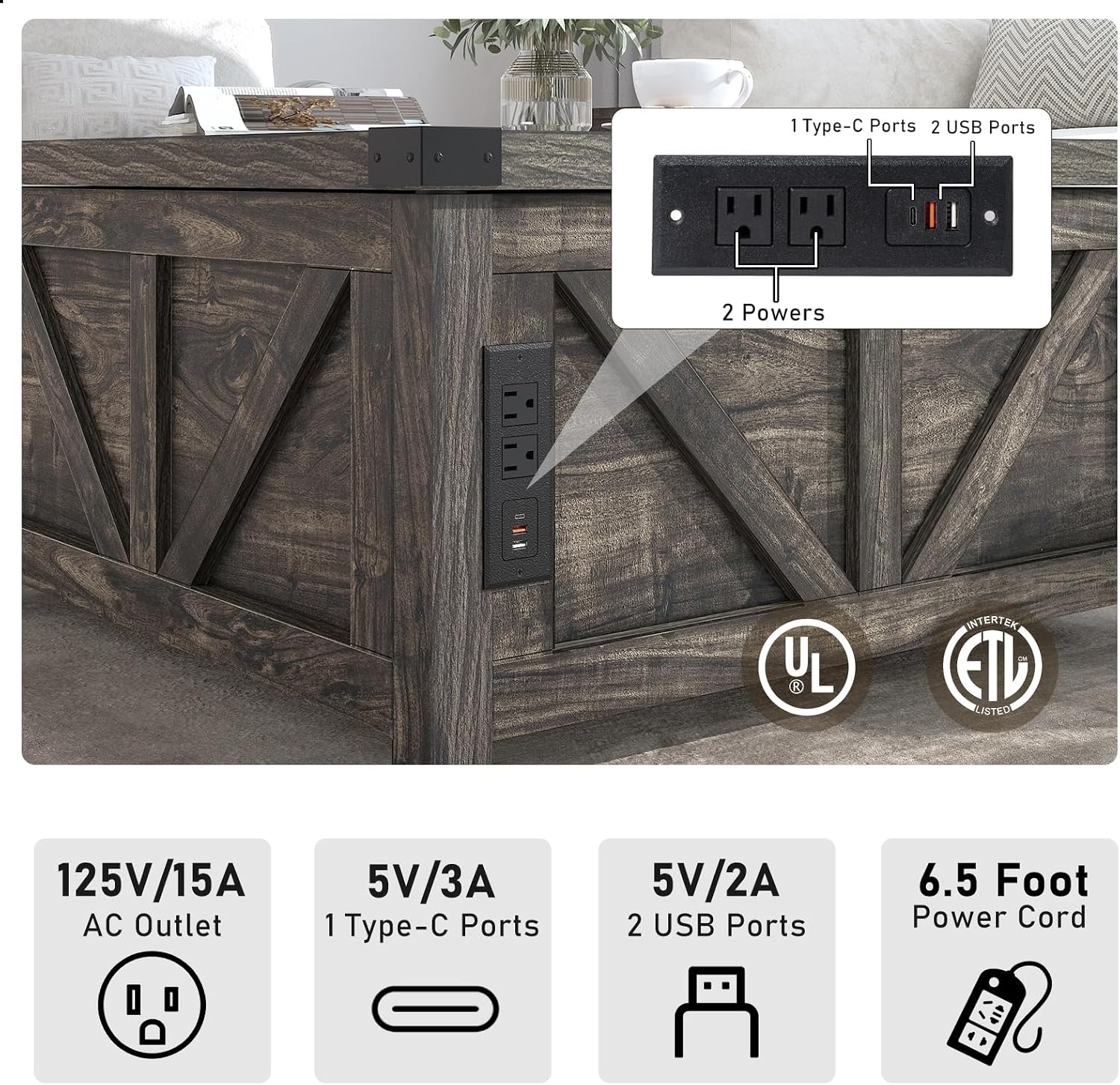 jimeimen Farmhouse Lift Top Coffee Table with Storage, Wood Square Center Table with Charging Station&USB Port, Living Room Table w/Large Hidden Space, for Living Room, Bedroom, Home Office, Dark Grey