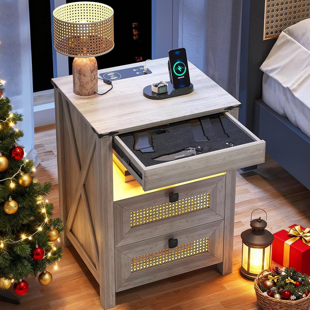 Night Stand with Gun Drawer, Bedside Table with Charger Station & LED Human Sensor Light, Gun Nightstand End Tables Bedroom Living Room, Rustic Grey