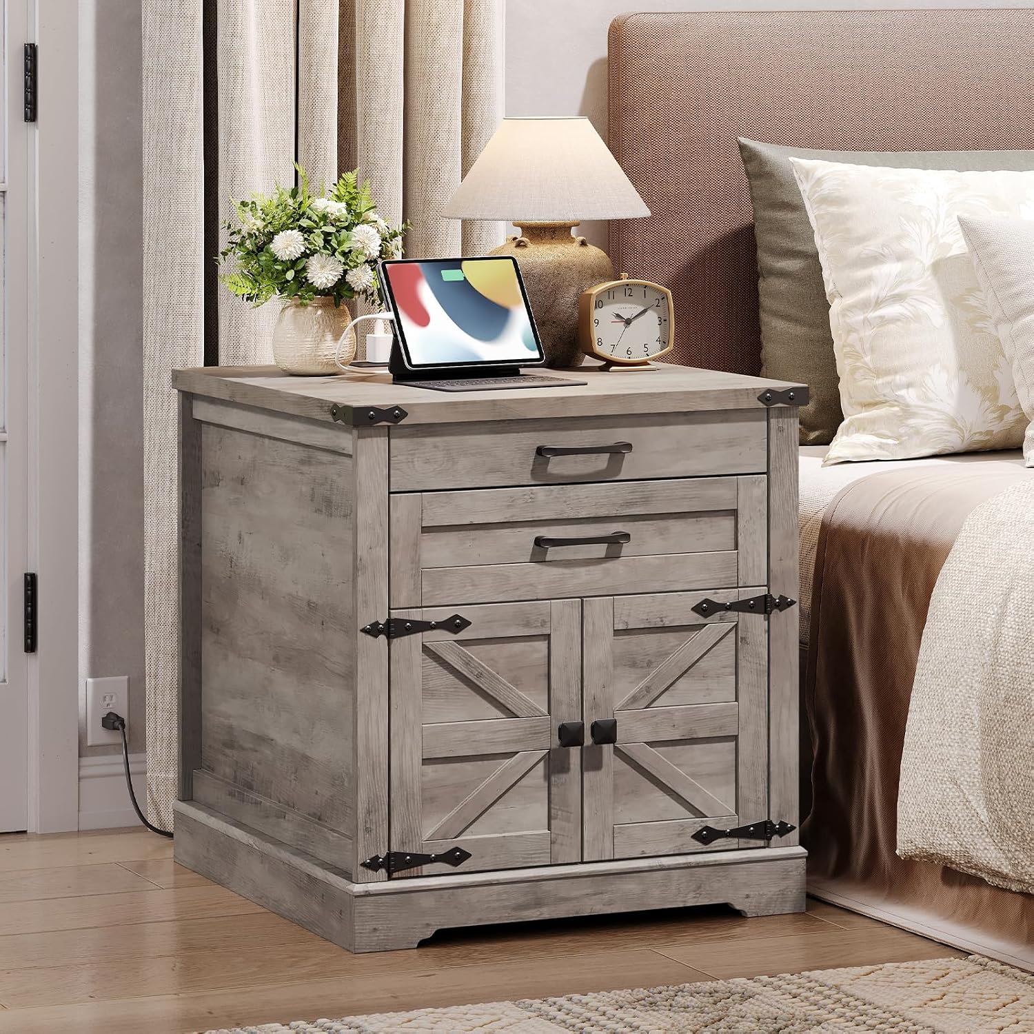RALGEND Farmhouse End Table with Charging Station, 24'' Sofa Side Table with 2 Drawers and Barn Door, Large Rustic Wooden Square Nightstand for Bedroom, Living Room, Greige