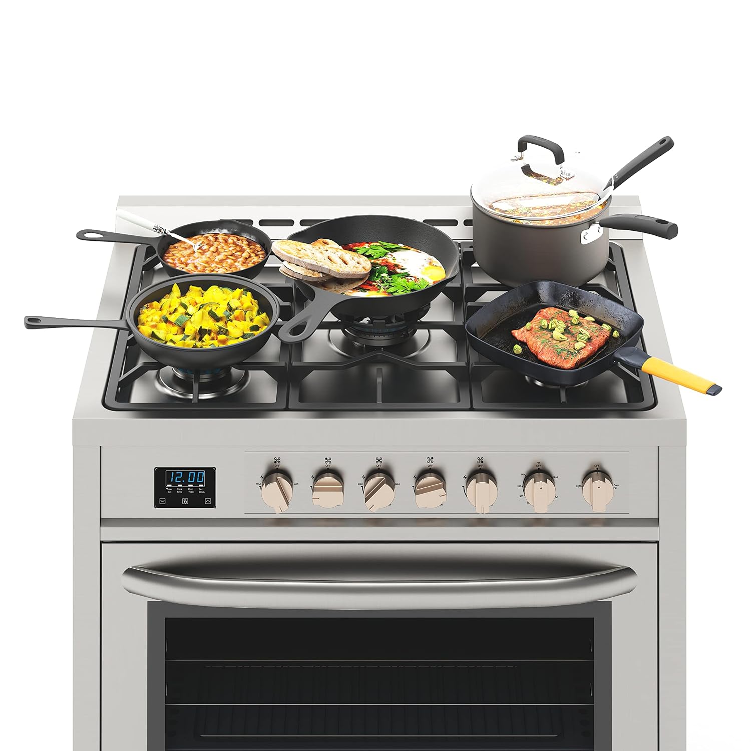 KoolMore 36' Inch Professional Gas Range Stove with 5 Burner Cooktop, Rapid Convection Oven, and Digital Timer with Heavy-Duty Cast Iron Grates, Stainless-Steel Appliance (KM-FR36GL-SS), Silver