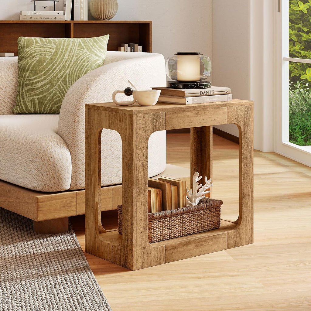 Giantex Set of 2 Narrow End Side Table - 2-Tier Farmhouse Night Stand w/Open Storage Shelf, Arch Design, Accent Bedside Nightstand for Bedroom Entryway Small Spaces, Wood End Tables Living Room, Oak