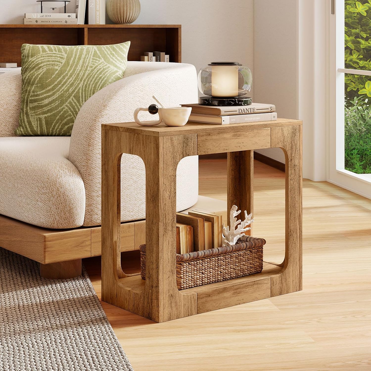 Giantex Set of 2 Narrow End Side Table - 2-Tier Farmhouse Night Stand w/Open Storage Shelf, Arch Design, Accent Bedside Nightstand for Bedroom Entryway Small Spaces, Wood End Tables Living Room, Oak