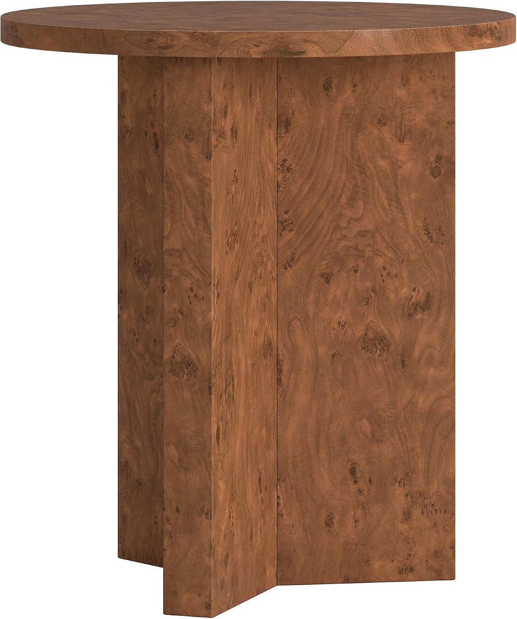 Henn&Hart 20' Scandinavian Round Wooden End Table, Side Table, Nightstand with X-Base for Living Room, Office, Family Room, or Bedroom, Chestnut Burl