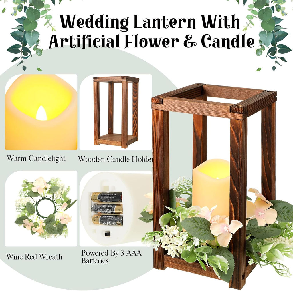 Hushee 60 Pcs Wooden Wedding Lantern Centerpiece Integrated Holders with Candles and Wreaths Rustic Wooden Candle Lantern Decor for Wedding Party Table Valentine Decor (Brown)