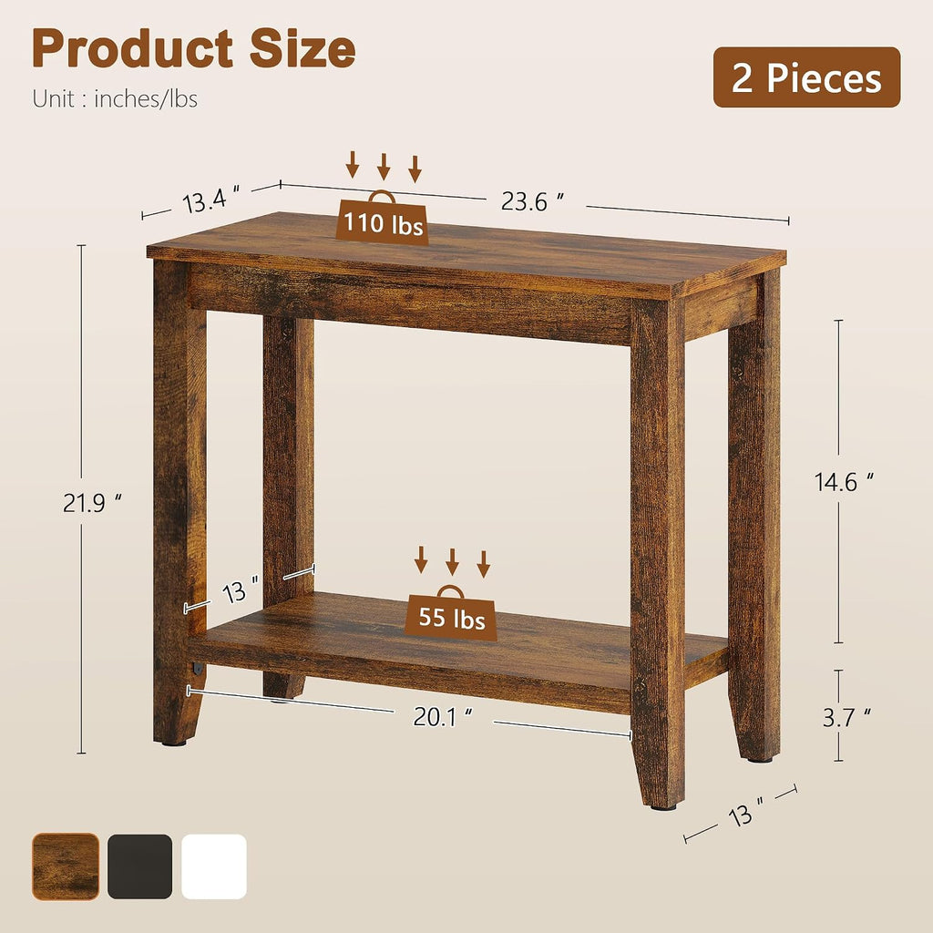 Hoctieon End Table with Double Storage Shelves, Sturdy Wooden Side Table for Living Room, Bedroom, Modern Nightstand Sofa Table for Small Spaces, Rustic Brown, Set of 2