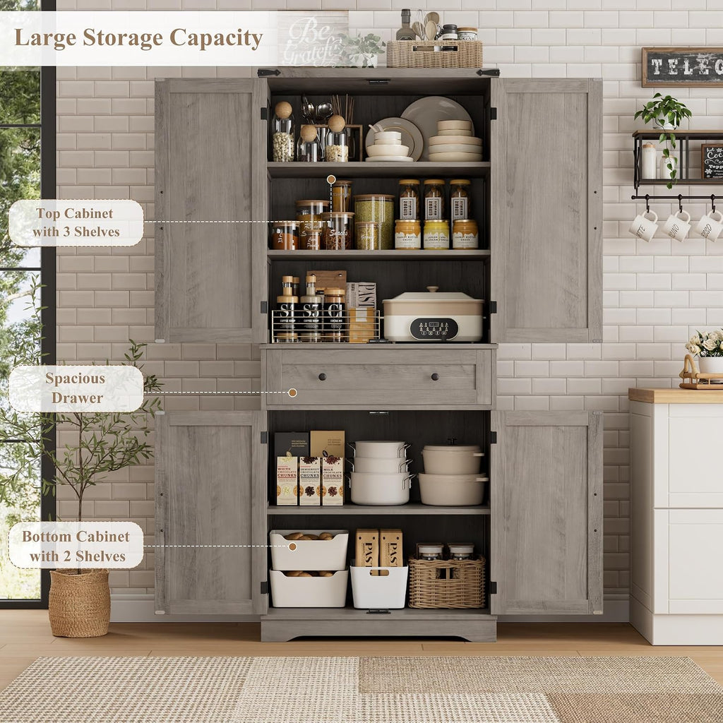 HOSTACK 71' Tall Pantry Cabinet, Farmhouse Kitchen Pantry with Storage Shelves, Barn Doors Food Storage Cabinet, Freestanding Kitchen Hutch with Large Drawer for Dining Room, Living Room, Ash Gray