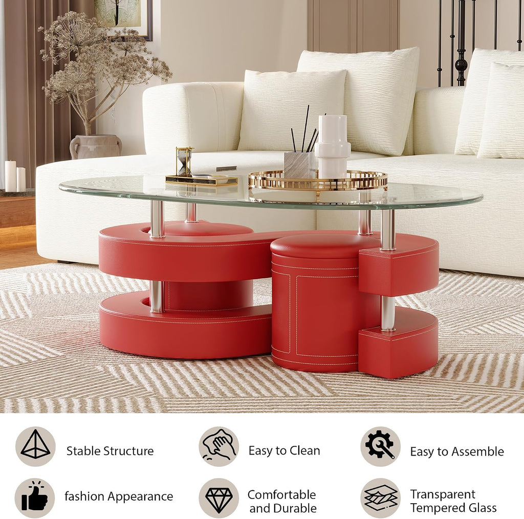Oval Glass Coffee Table Set of 3, 0.39' Tempered Glass Top and S Shape Base, Modern Coffee Table with 2 Leather Stools, Accent Coffee Table for Living Room Bedroom, Red