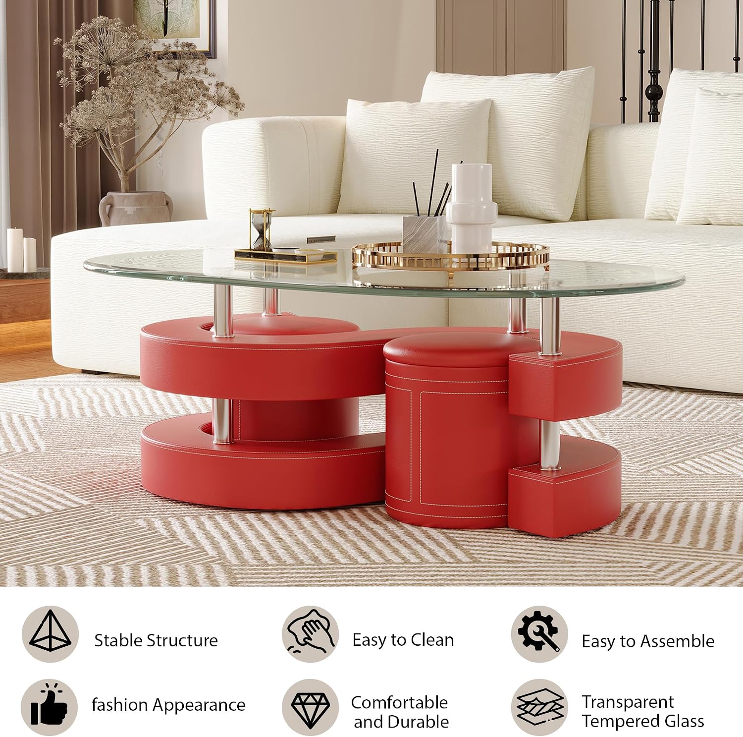 Oval Glass Coffee Table Set of 3, 0.39' Tempered Glass Top and S Shape Base, Modern Coffee Table with 2 Leather Stools, Accent Coffee Table for Living Room Bedroom, Red