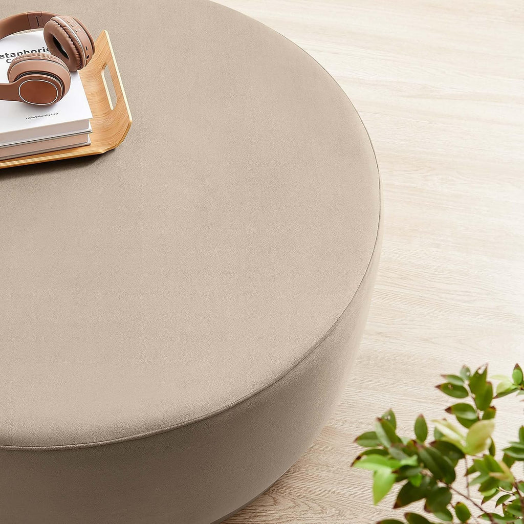 Modway Tilden 38 Inch Round Performance Velvet Upholstered Ottoman in Taupe Natural - Round Ottoman Coffee Table for Living Room, Large Ottoman Foot Rest with Rubberwood Plinth Base