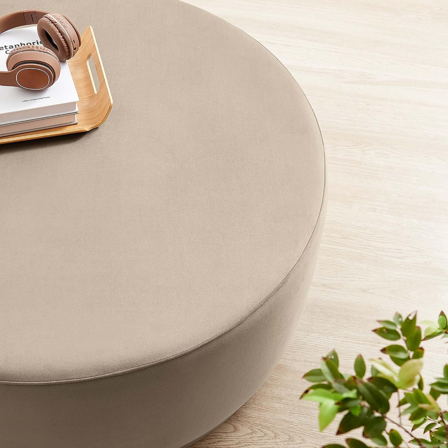 Modway Tilden 38 Inch Round Performance Velvet Upholstered Ottoman in Taupe Natural - Round Ottoman Coffee Table for Living Room, Large Ottoman Foot Rest with Rubberwood Plinth Base