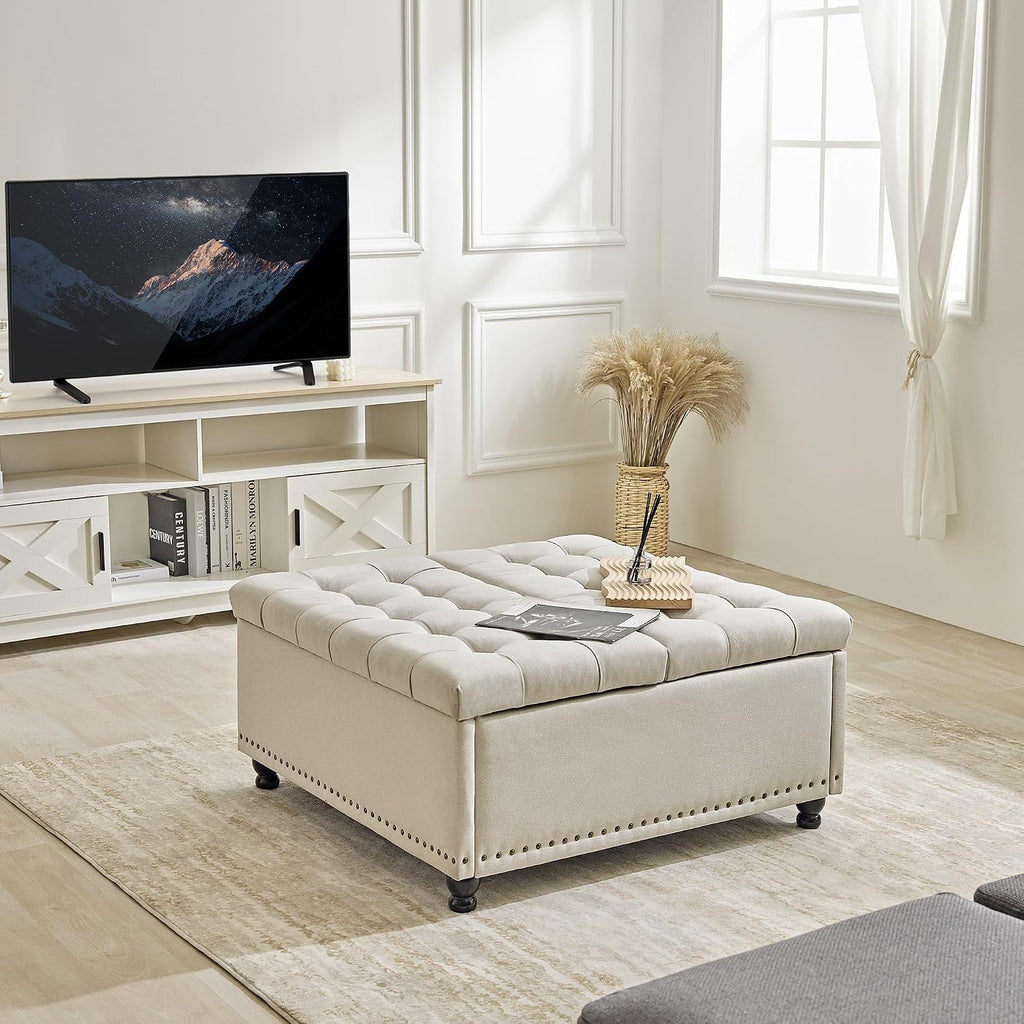 Redlife 35 Inch Large Square Storage Ottoman, Storage Ottoman Coffee Table with Lift Top Linen Ottomans Bench Square Footrest Oversized Upholstered Coffee Table for Living Room Bedroom (Beige)