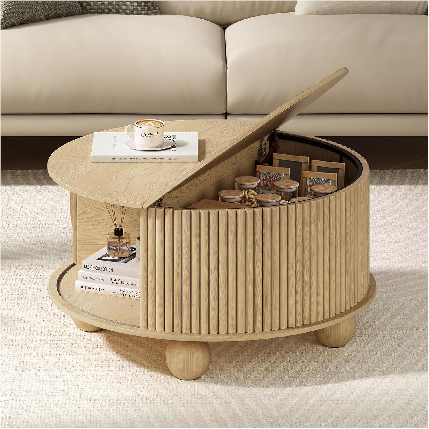 Round Coffee Table with Storage, 31.5' Mid Century Modern Coffee Table with Sliding Door & Bun Feet, Minimalist Fluted Center Table for Living Room, Home Small Space, Oak