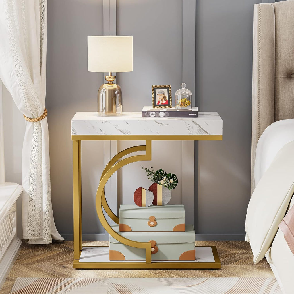 Tribesigns Narrow Side Table Set of 2, C Shaped End Table for Couch, White Gold Modern Bedside Tables with Metal Frame, Small Sofa Tables for Small Spaces, Living Rooms (2, White+Gold)