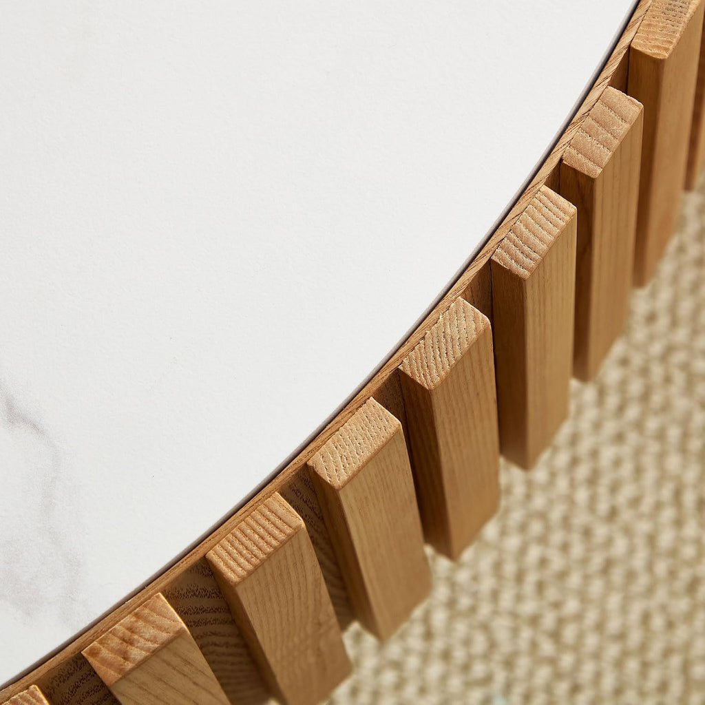Round Coffee Table 35.43'' Circle Sintered Stone Tabletop Modern Wood Fluted Coffee Table for Living Room Apartment, Easy Assembly, Oak