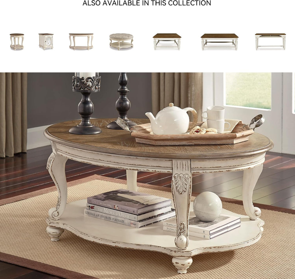 Signature Design by Ashley Realyn Round End Table, Cottage-Style Side Table with Antiqued Two-Tone Finish, Wood & Veneer Construction for Living Room or Bedroom, White/Brown