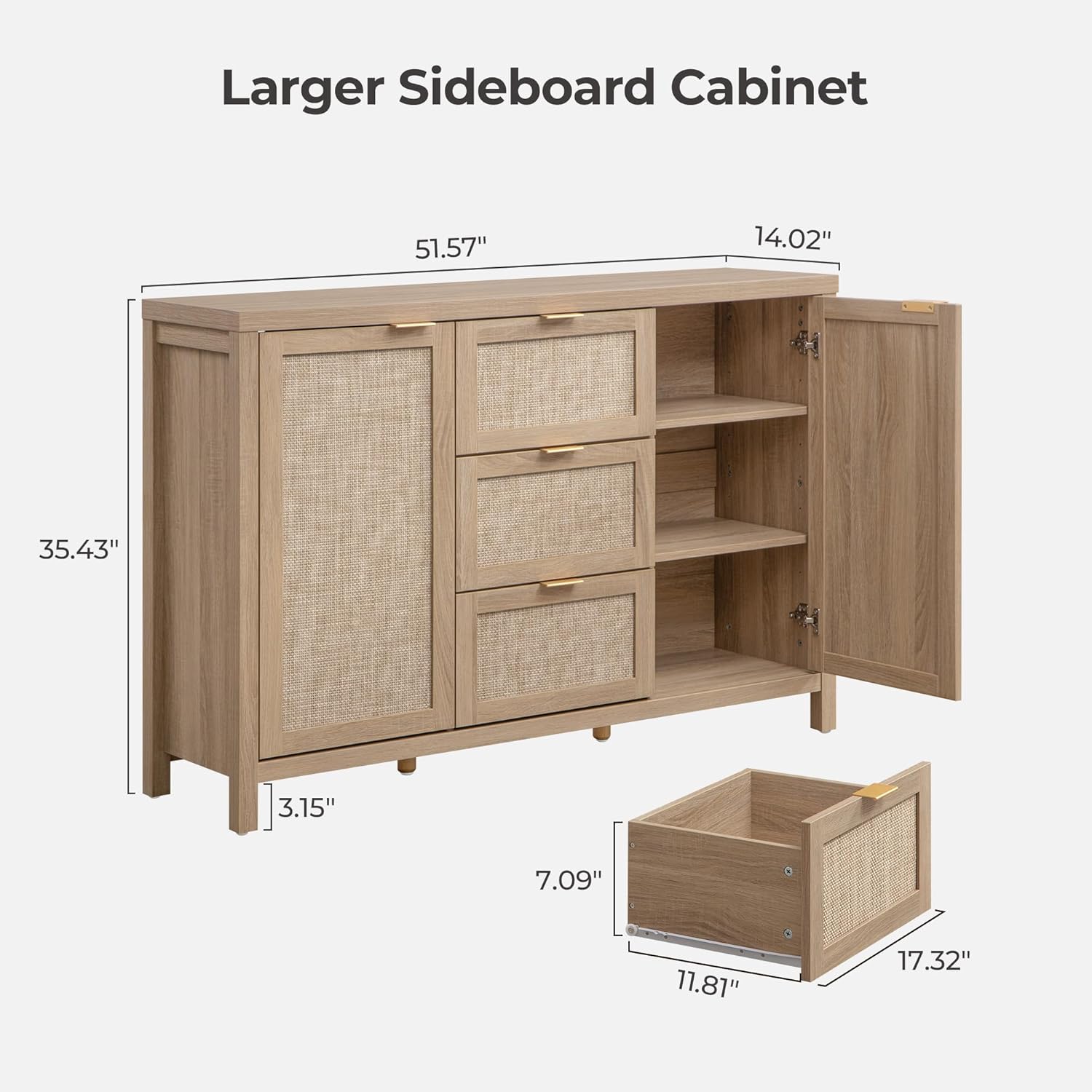 SICOTAS Rattan Large Sideboard Buffet Cabinet with Storage - Boho Coffee Bar Storage Cabinet with 3 Drawers and 2 Doors, Console Table Credenza for Living Room, Kitchen, Hallway, Light Oak (2 Pieces)