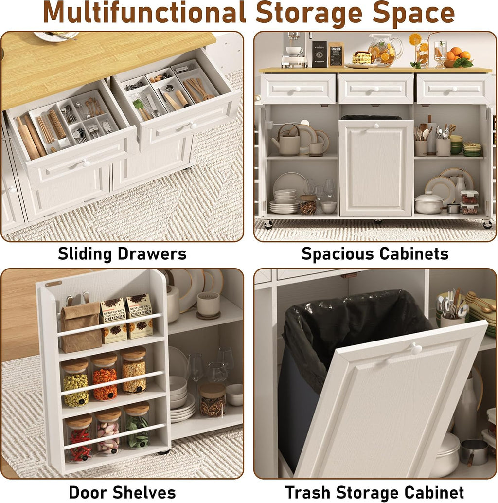 St.Mandyu 62 inch Rolling Kitchen Island with Power Outlet, Drop Leaf & Storage Cabinet - Mobile Cart with Hidden Trash Cabinet, Spice Rack, Shelves, and Towel Holder for Small Spaces,White
